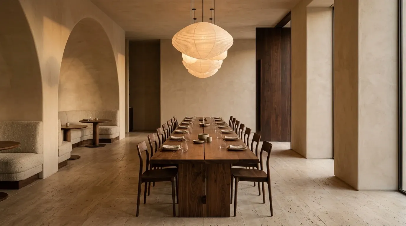Dining room with a vaulted ceiling and paper lamps.