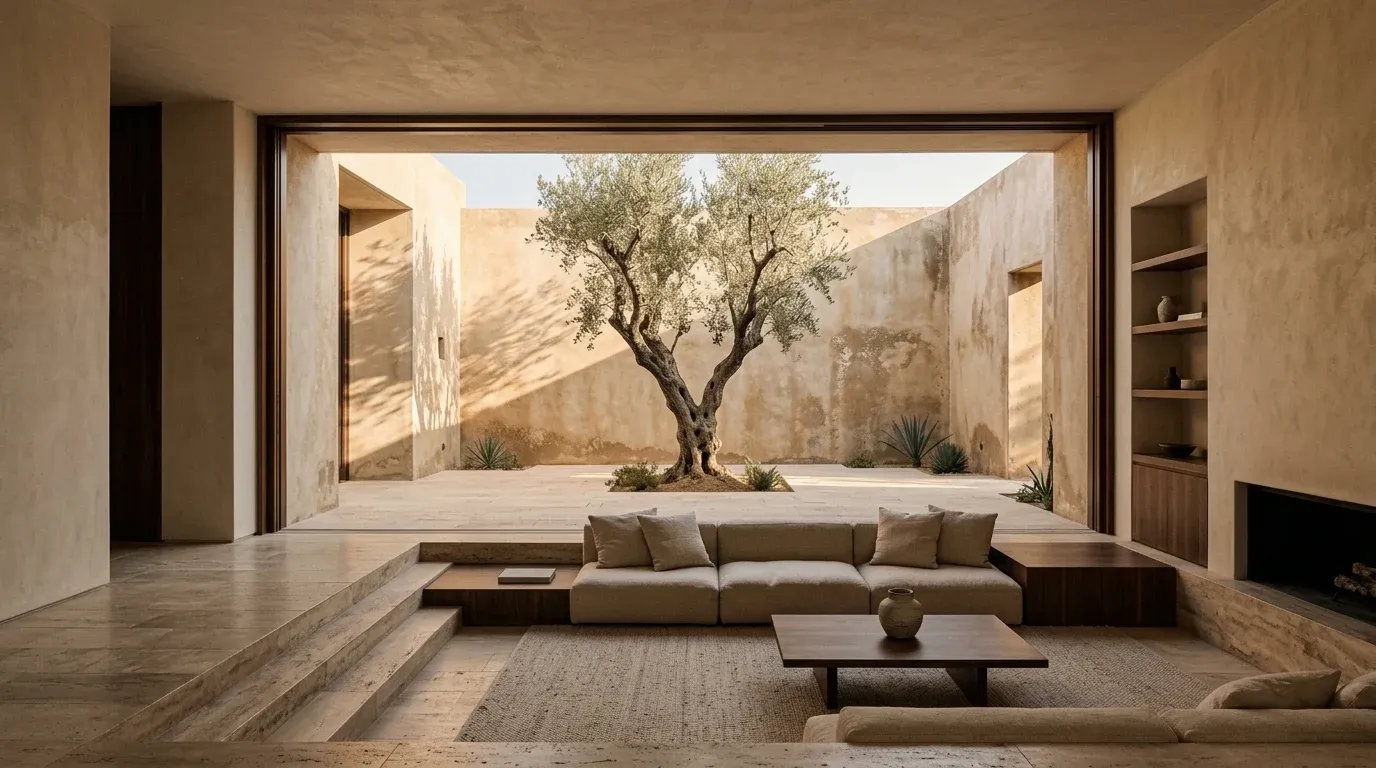 Living room facing a courtyard with an olive tree.