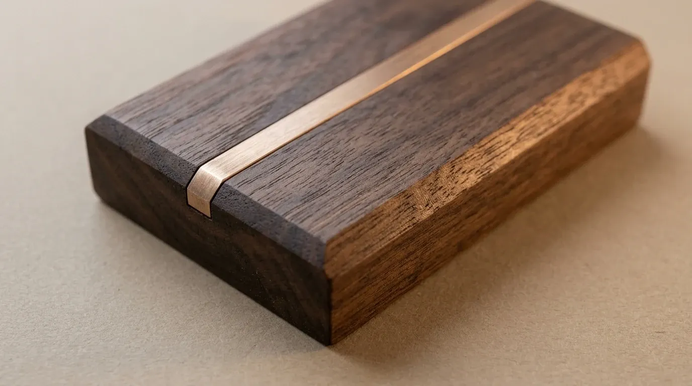 Oiled walnut sample with a bronze inlay.
