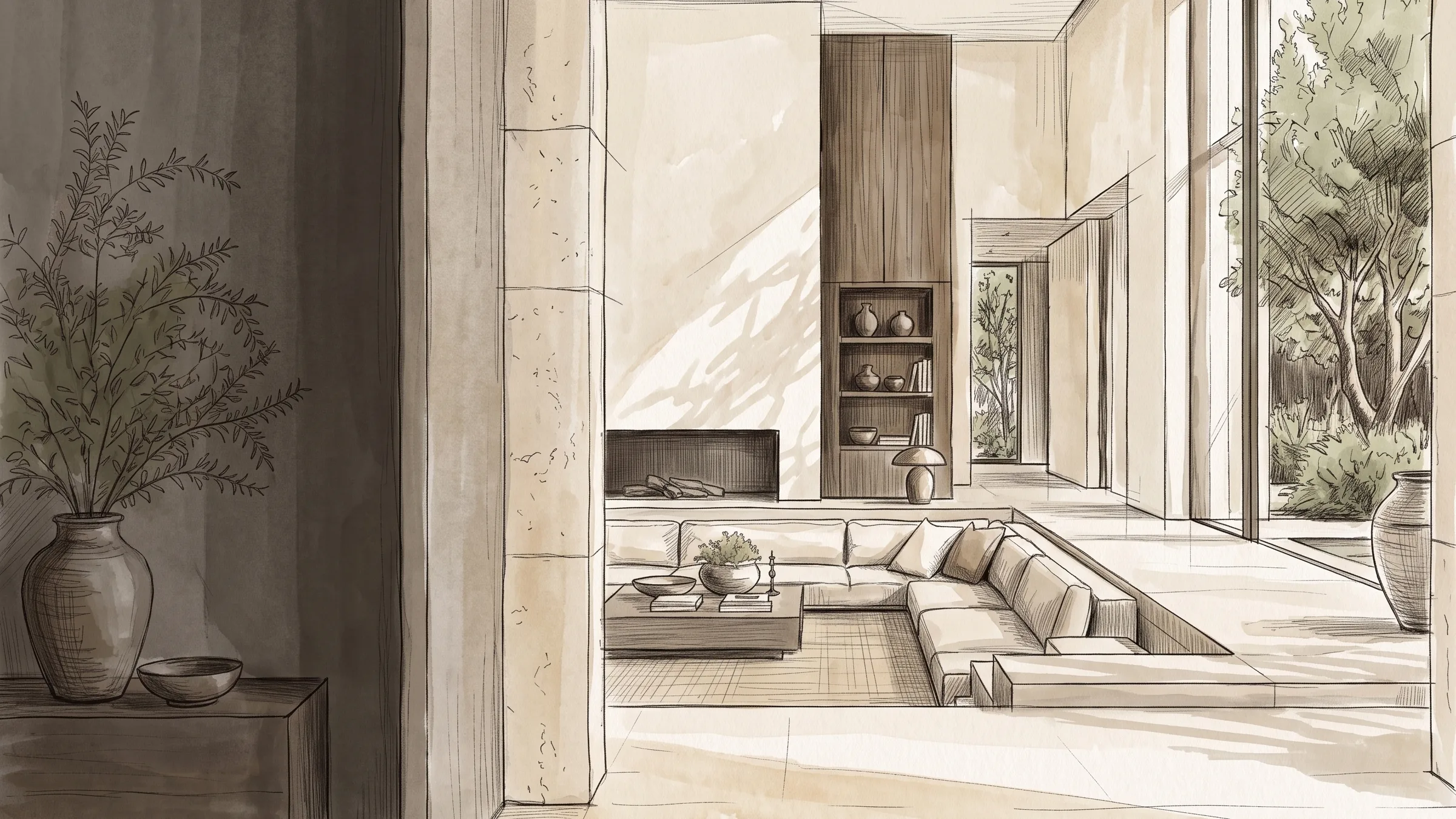 Perspective sketch of the same space in pencil and sepia ink on paper.